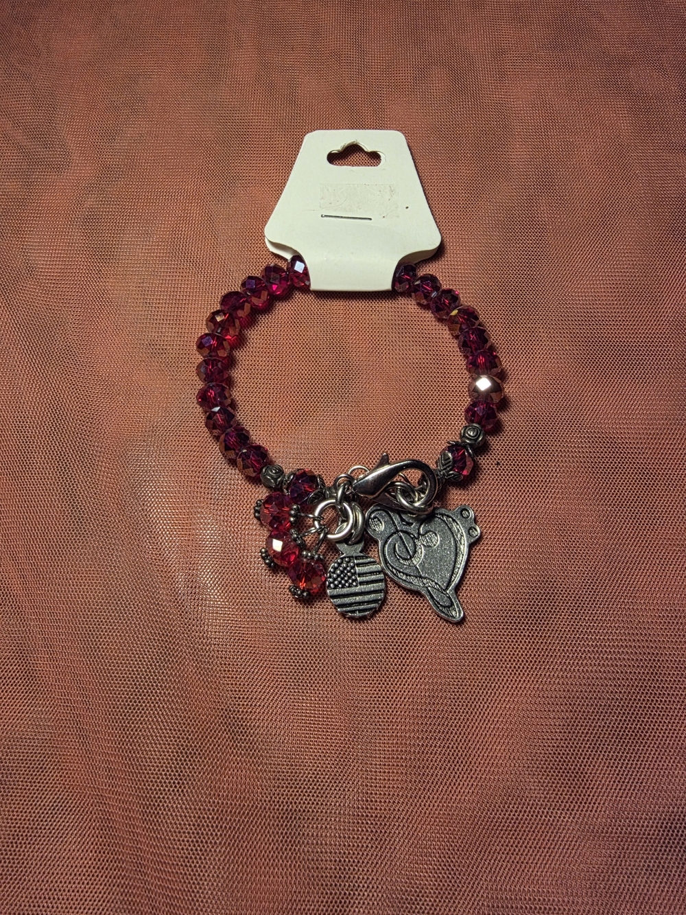 Chubby Chico Red Crystal Beaded Charm Bracelet with Heart & Flag Charms